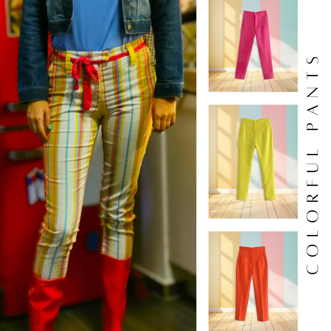 colorful pants in different colors front view