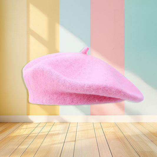 candy pink beret, front view